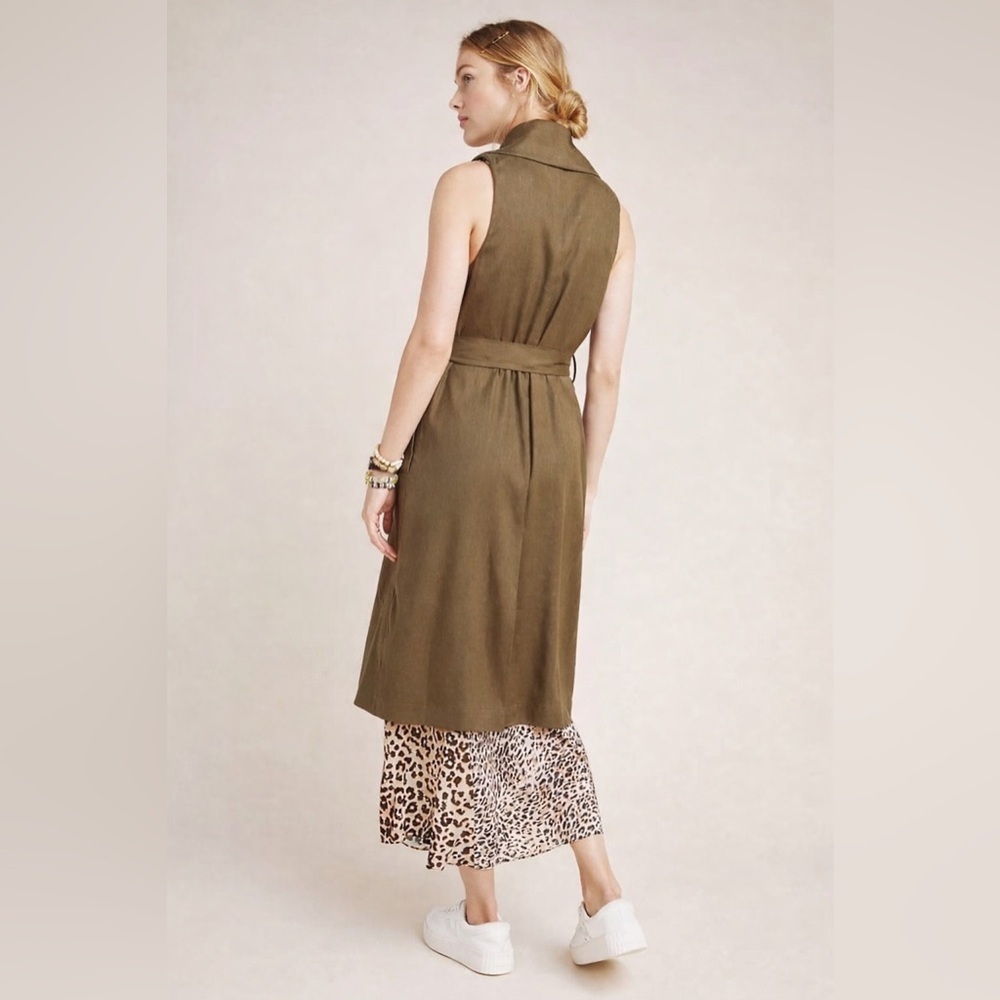 Anthropologie Hollis Tie-Front Trench Vest Olive Green Linen Blend | Size XS - Picture 3 of 10